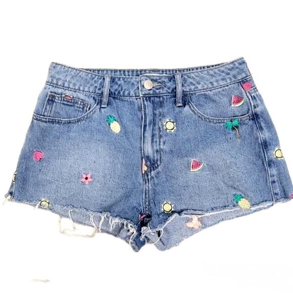 Forever 21 Premium Embroidered Fruit Denim Shorts Blue Women Mid Rise Raw Hem 26 - Picture 1 of 11